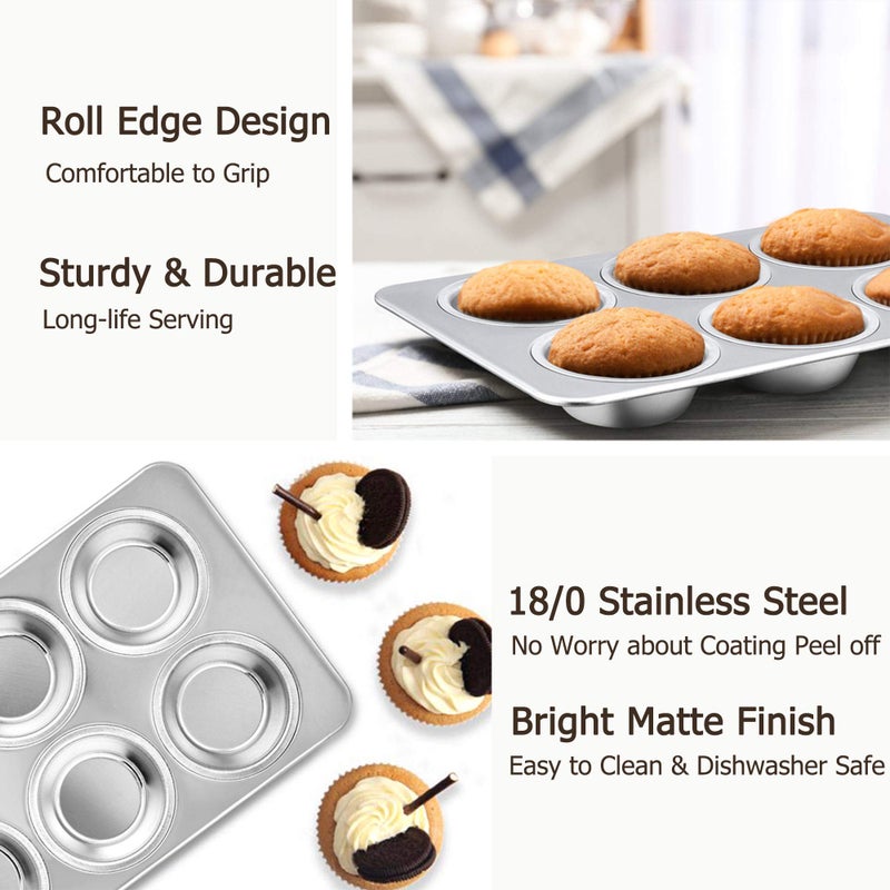 TeamFar 2 Packs Muffin Pan, Stainless Steel Muffin Cupcake Pan Tin Tray for Baking, for Mini Cakes/Tarts/Quiche, Healthy & Sturdy, Oven & Dishwasher Safe (6-Cup) - Image 2